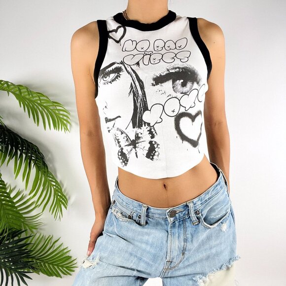 Y2K Style Garage Black & White Graphic Grunge Streetwear Cropped Tank Top / S - Picture 1 of 6